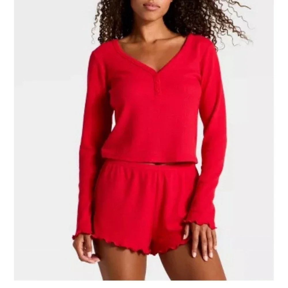 Women's Waffle‎ Long Sleeve Top and Shorts Pajama Set-red size XXS Wild Fable